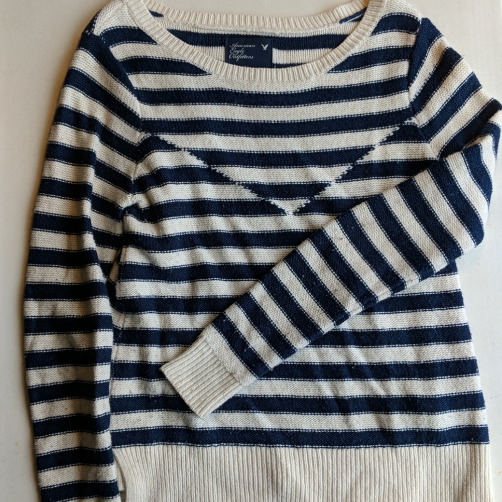 AEO Striped Navy and White Scoop Neck Sweater